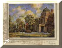  'The Retreat' a print of a painting by Frank E. Beresford (US War Correspondent #124) of the lowering of the American flag on Empire Day 1944. In front of Elveden Hall.