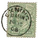 Half penny stamp used on an exning postcard in 1908